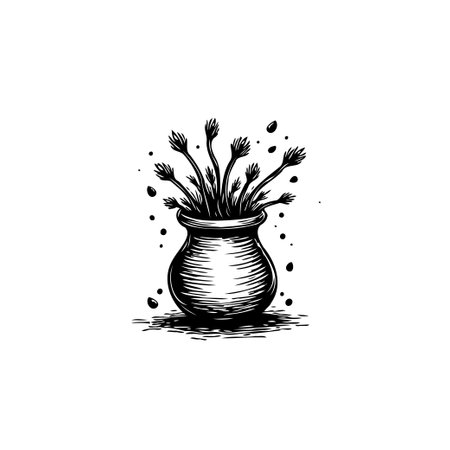 A beautifully crafted black and white illustration depicting a stylish vase filled with unique flowers. The artwork captures the essence of botanical artistry with its detailed sketch and ornate design.のイラスト素材