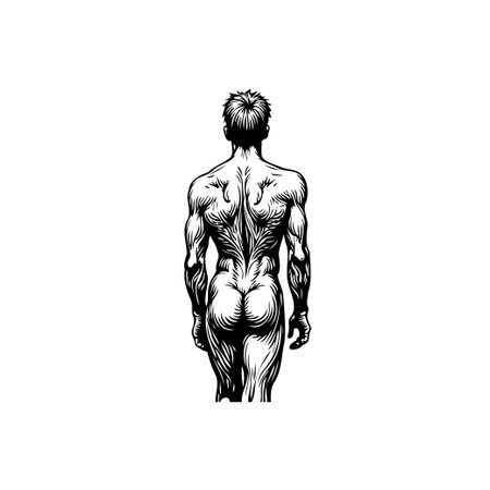 A detailed black and white illustration showcases the muscular back of a man, emphasizing strength and anatomical detail.のイラスト素材
