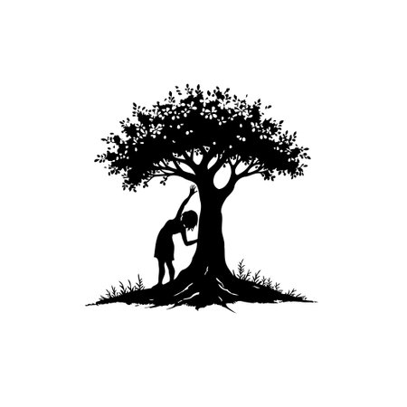 A silhouette of a child playing near a large tree, creating a sense of imagination and wonder in nature. A simple, peaceful and magical scene.のイラスト素材