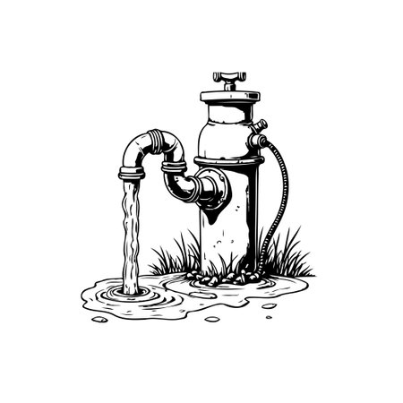 A vintage black and white illustration depicts an old water pump with water flowing. The pump is surrounded by grass and the scene has a rustic feel.のイラスト素材