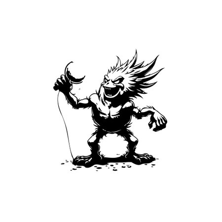 A black and white cartoon illustration depicts a funny monster wielding a banana. The creature is designed with a ridiculous and whimsical aesthetic.のイラスト素材