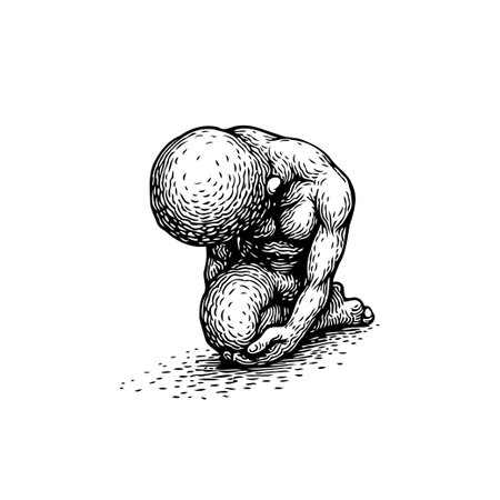 A monochrome sketch portrays a figure burdened and suffering, symbolizing despair. The artwork captures profound emotion and the weight of emotional distress. It evokes feelings of sorrow, pressure, and the struggle with adversity.のイラスト素材