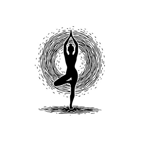 A silhouette of a woman performing a yoga pose, standing on one leg, with hands raised above her head, set against a stylized sun or abstract circle.のイラスト素材