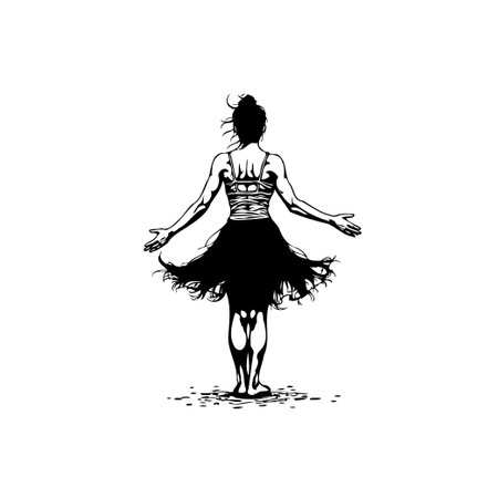 A simple yet elegant black and white illustration featuring a woman dancing with open arms, exuding a sense of freedom and grace.のイラスト素材