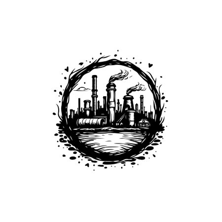 A black and white illustration depicts a factory landscape with smoke belching chimneys, enclosed within a stylized circular border, showcasing industrial themes.のイラスト素材