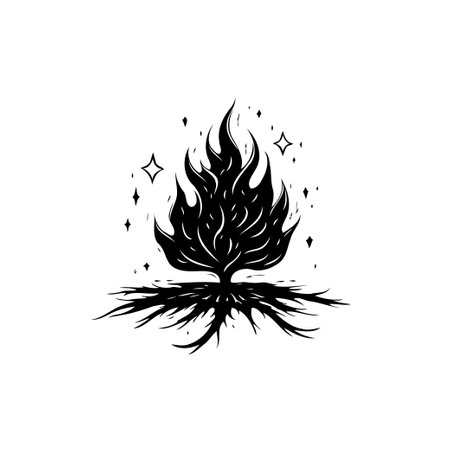 A striking black and white illustration depicting a tree with fiery flames as its foliage and strong roots, embodying transformation and magical elements.のイラスト素材