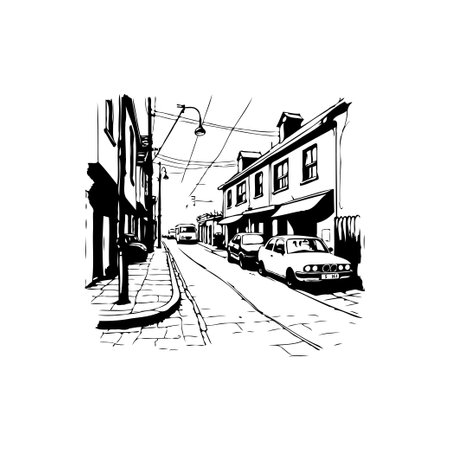 A detailed black and white sketch depicts a European street lined with buildings and cars, creating a quaint and urban atmosphere.のイラスト素材