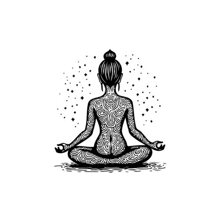 A minimalist black and white image depicting a woman meditating in lotus position. Her body features abstract swirling patterns, surrounded by starlike dots, creating a serene and spiritual atmosphere.のイラスト素材