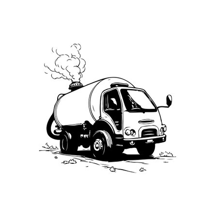 A monochrome illustration features a vintage tank truck releasing smoke, evoking a sense of classic industry and robust transportation.のイラスト素材