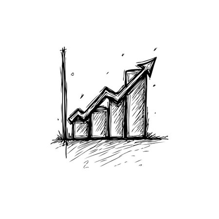 Sketch of an upward trending bar graph with an arrow, depicting business growth and success. Represents progress, financial improvement, and positive market trends.のイラスト素材