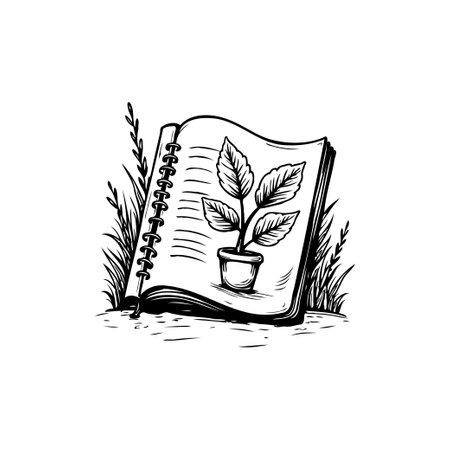 A hand-drawn sketch features an open notebook with a potted plant flourishing on its pages, symbolizing knowledge, growth, and environmental consciousness.のイラスト素材