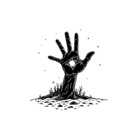A black and white minimalist illustration showing a hand emerging from the ground, featuring a celestial eye in the palm, creating a surreal and mystical scene.のイラスト素材