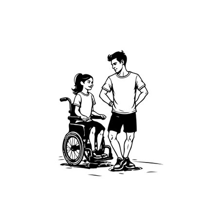 A black and white vector art featuring a kind young man offering support to a girl in a wheelchair, showcasing inclusion and friendship.のイラスト素材