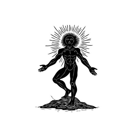 A black and white engraving showcases a mystical figure emanating light, standing upon the earth. The artwork combines spiritual and divine elements, creating a powerful image.のイラスト素材