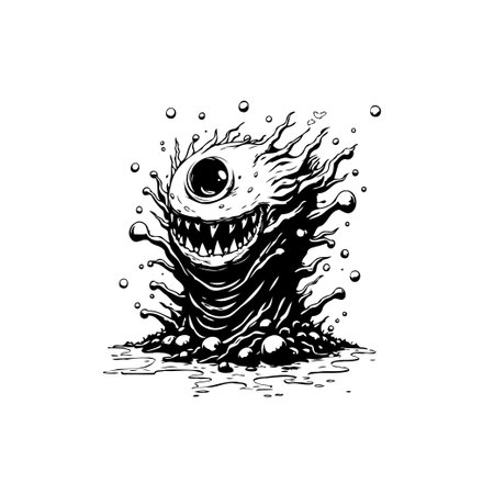 A one-eyed monster with sharp teeth, drawn in a classic black and white ink style. This drawing conveys a sense of creepiness and is suitable for horror and Halloween-themed designs.のイラスト素材