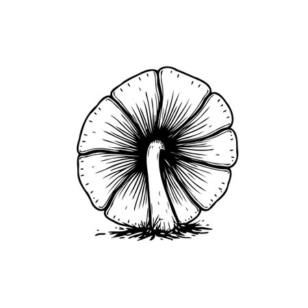 This is an elegant ink drawing of a mushroom. The focus is on the underside of the mushroom's cap, highlighting the intricate details of its gills and stem.のイラスト素材