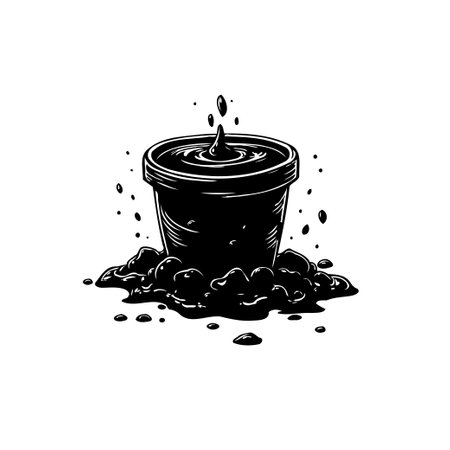 A simple monochrome graphic depicts a liquid spilling from a container, creating a puddle and splash effect. It's an artistic rendering with a clean, isolated design.のイラスト素材