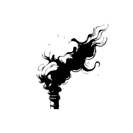 A black and white silhouette illustrates an industrial chimney spewing dark smoke. This image can represent pollution, environmental issues, or the impact of industry on the climate.のイラスト素材