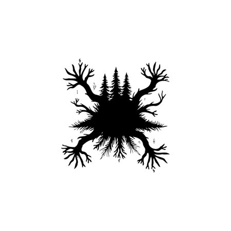 A striking monochrome image showcasing a symmetrical tree formation. The silhouette design highlights nature's beauty with a minimalist and artistic touch, perfect for various creative projects.のイラスト素材