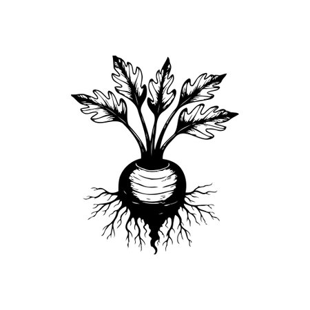 A detailed black and white illustration of a beetroot with its roots and leaves. Perfect for organic food, agriculture, or culinary projects.のイラスト素材