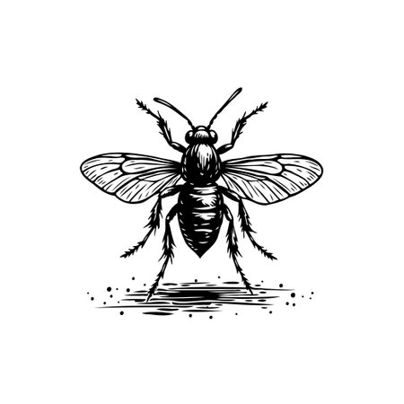 A detailed black and white vector illustration depicts a wasp or similar insect with intricately drawn wings and body textures, created in a vintage engraving style.のイラスト素材