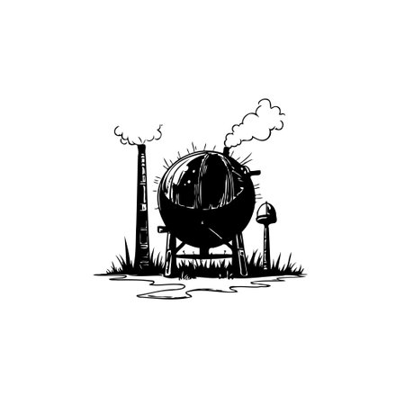 A minimalist black and white illustration depicts industrial structures releasing steam and smoke, highlighting environmental issues and industrial pollution.のイラスト素材