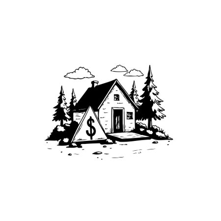 A simple illustration showing a house with a dollar sign, symbolizing real estate property value, investment, and financial aspects related to homeownership or the market.のイラスト素材