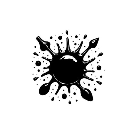 A black ink splash design creates a dynamic abstract image. Isolated on a white background, this artistic element conveys fluidity and movement.のイラスト素材