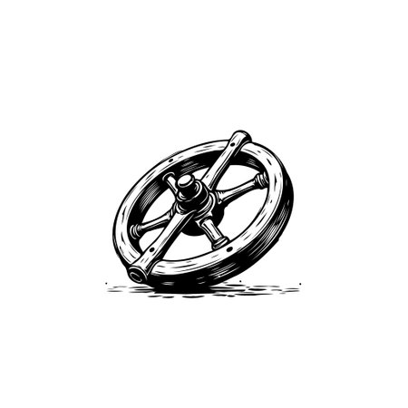 Detailed black and white engraving of a vintage wheel. The illustration captures the classic design and intricate details of this historical object.のイラスト素材
