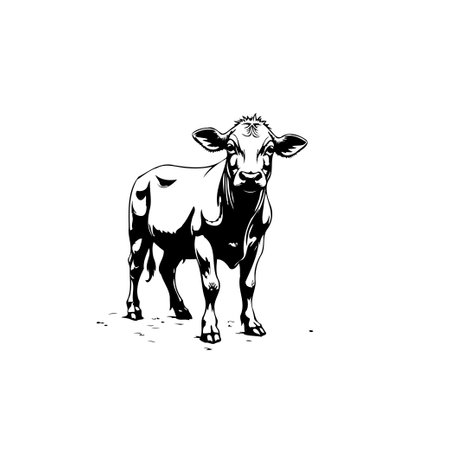 A minimalist black and white illustration depicts a young calf. This striking graphic conveys simplicity and rural charm, suitable for designs focusing on agriculture or nature.のイラスト素材
