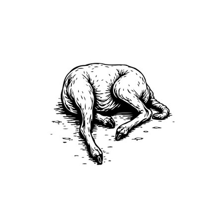 A monochrome artwork depicts a sleeping dog in a detailed style, emphasizing its resting posture. The illustration captures a moment of tranquility and peace, showcasing the essence of relaxation.のイラスト素材