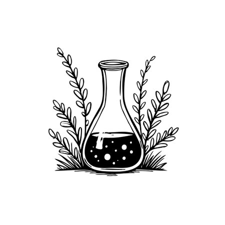 A simple black and white illustration of a science flask filled with liquid, surrounded by botanical elements, suitable for laboratory, botanical, education, design, artwork projects.のイラスト素材