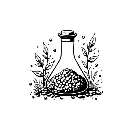 A black and white illustration depicts a chemical beaker filled with organic matter and surrounded by plants, representing botanical science and natural medicine.のイラスト素材