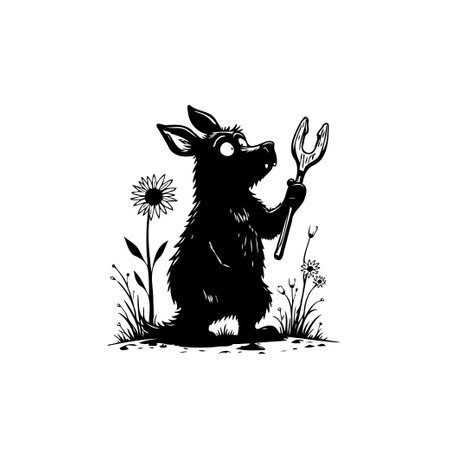 A whimsical cartoon illustration depicts a black wolf mechanic holding a wrench, surrounded by flowers in a grassy meadow, full of cheerful character.のイラスト素材