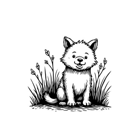 A delightful black and white illustration of a cute cartoon fox cub sitting amongst tall grass and delicate floral elements, perfect for children's books or nature themes.のイラスト素材
