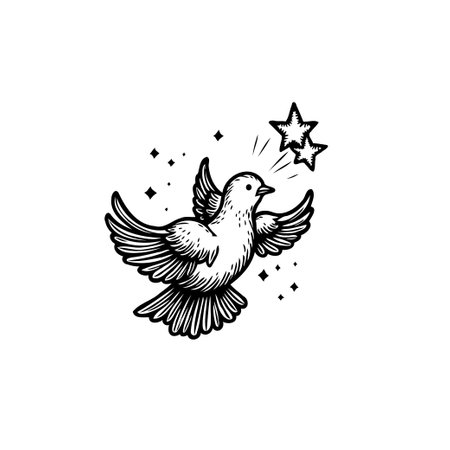 A hand-drawn illustration of a bird in flight, accompanied by twinkling stars. A vintage, whimsical design symbolizing freedom, purity, and the pursuit of dreams.のイラスト素材