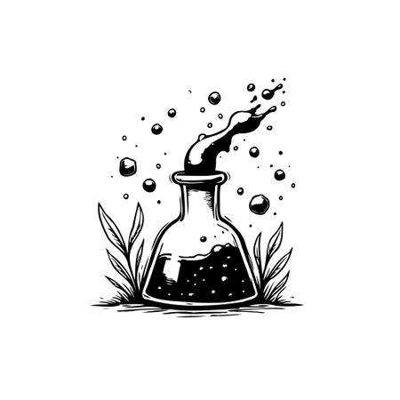 A creative black and white drawing shows a liquid substance spilling out of a science beaker, complete with bubbles and artistic details.のイラスト素材