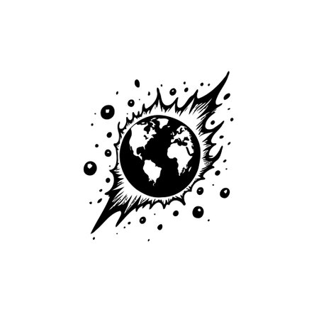 A stylized black and white illustration depicts planet earth encompassed by an energy explosion effect, surrounded by abstract designs.のイラスト素材