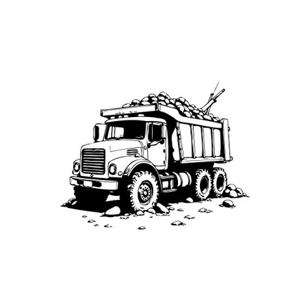 A detailed black and white illustration depicts a fully loaded dump truck, likely involved in construction or material transport. The monochrome drawing showcases the vehicle's robust design and heavy-duty capabilities.のイラスト素材