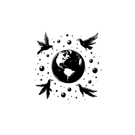 This striking monochrome image features a globe surrounded by birds in flight and floating bubble shapes, creating a unique and artistic concept.のイラスト素材