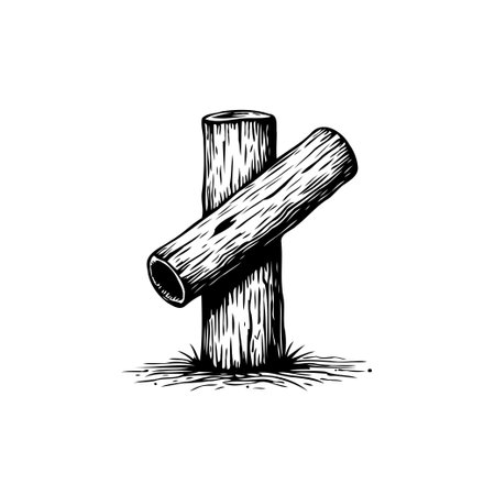This black and white drawing depicts two logs arranged together, highlighting the natural wood grain and rustic texture, perfect for nature-themed designsのイラスト素材