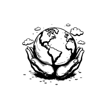 Conceptual illustration of hands holding the earth, symbolizing care, protection, and environmental responsibility. Ideal for themes related to sustainability and ecology.のイラスト素材