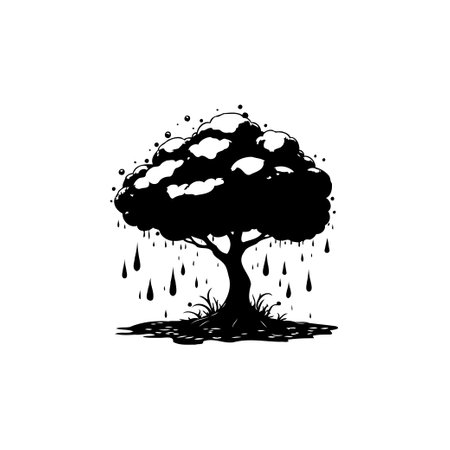 A stylized black and white silhouette of a tree, depicted in a storm with abstract raindrops falling, creating a dramatic and energetic visual.のイラスト素材