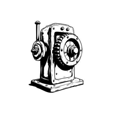 Detailed black and white illustration of a vintage mechanical device featuring intricate gears and industrial design elements, perfect for engineering or historical themes.のイラスト素材