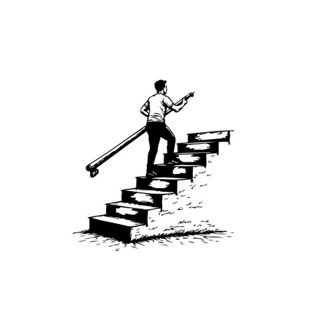 A man with a guitar is depicted climbing stairs, symbolizing progress and the journey towards achieving goals. The image represents determination and forward movement.のイラスト素材
