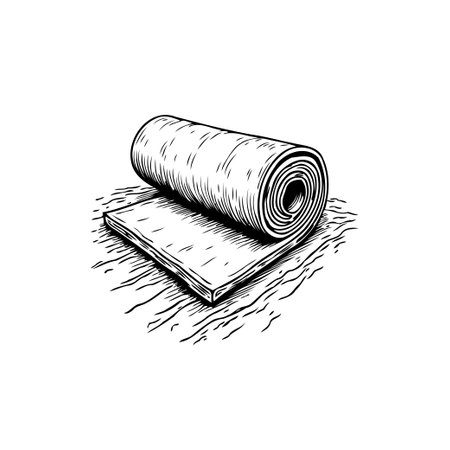 A monochrome, detailed illustration presents a rolled yoga mat resting on a textured wooden surface. The sketch-style artwork evokes simplicity and wellness.のイラスト素材