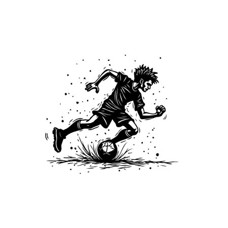 A dynamic illustration captures a soccer player in full motion, conveying the energy and excitement of the sport. The monochrome palette adds a timeless feel.のイラスト素材