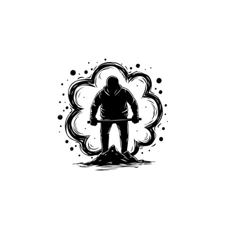 Illustration of a silhouette person working hard, digging the ground with a shovel and with a cloud shape at the backgroundのイラスト素材