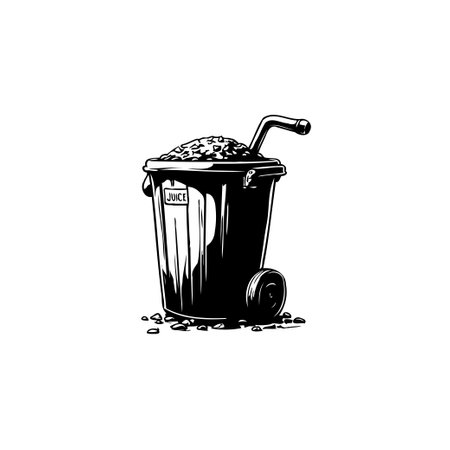 Vector illustration of an overflowing black trash can with a juice sign, showcasing cartoon style. Illustrating waste management and environmental awareness.のイラスト素材