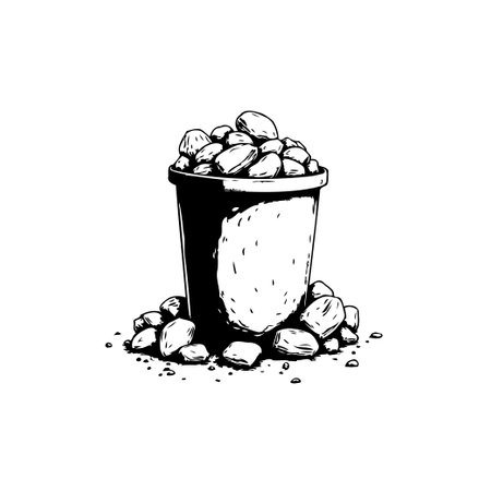 This monochrome sketch features a cup filled to the brim with stones, conveying a sense of natural abundance and a grounded aesthetic.のイラスト素材